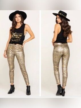 FREE PEOPLE Metallic GOLD Animal SNAKE Print faux leather LEGGINGS Pants L NWOT